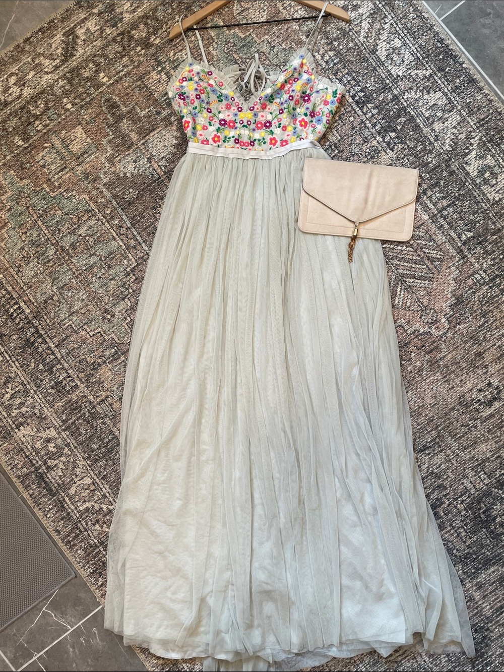 Needle & Thread Pale Sage Tulle Gown with Multicolor Floral Embroidered Bodice